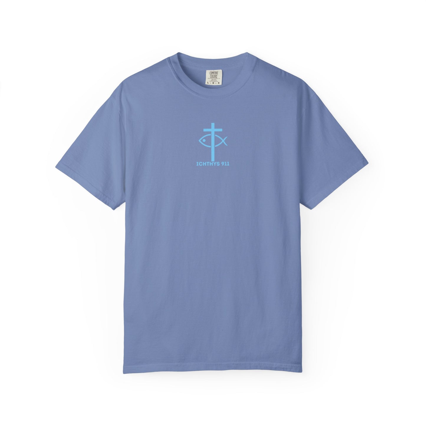 ICHTHYS 911 - "ICHTHYS Round" Blue Font  - Christian Streetwear T-Shirt  – Unisex Garment-Dyed T-Shirt - Men T-Shirt - Women T-Shirt - Jesus Gym & Faith Fashion,