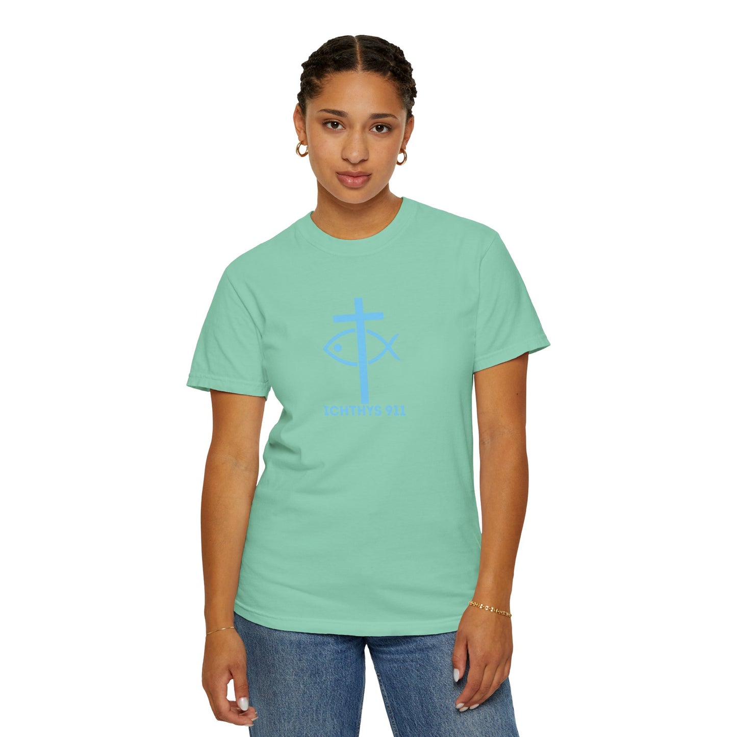 Jesus Christ Son of God Savior - Blue Font - Unisex Garment Dyed T- Shirt - Men T-Shirt - Women T-Shirt - Christian Streetwear T-Shirt – Jesus Gym & Faith Fashion - ICHTHYS 911