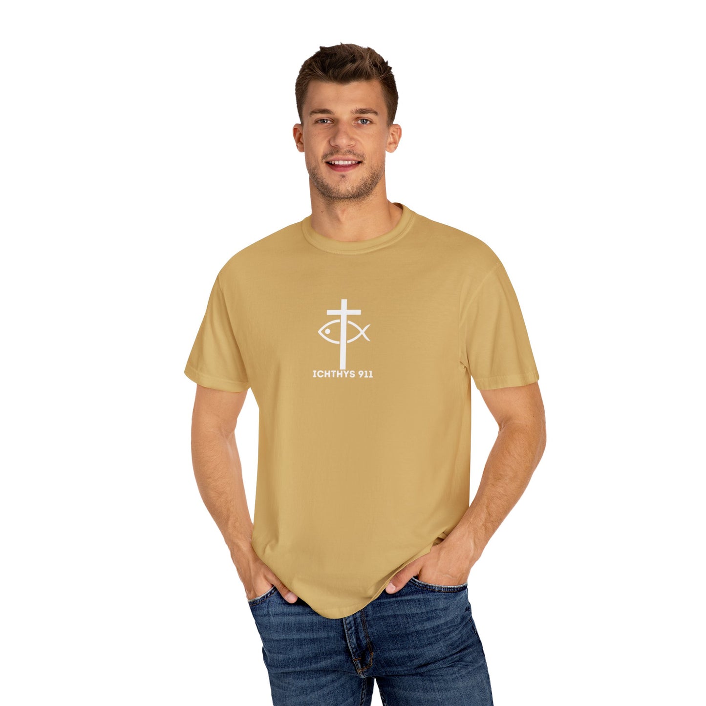 ICHTHYS 911 - White Font "Faith, Hope, & Love" - Garment Dyed - 100% US Cotton - Unisex T-Shirt - Men T-Shirt - Christian Women Tee - Faith-Inspired Shirt - Christian Fashion - Wear Your Faith - Additional Colors