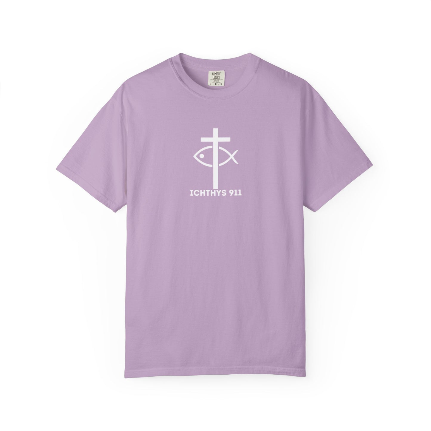 ICHTHYS 911 - White Font "Faith, Hope, & Love" - Garment Dyed - 100% US Cotton - Unisex T-Shirt - Men T-Shirt - Christian Women Tee - Faith-Inspired Shirt - Christian Fashion - Wear Your