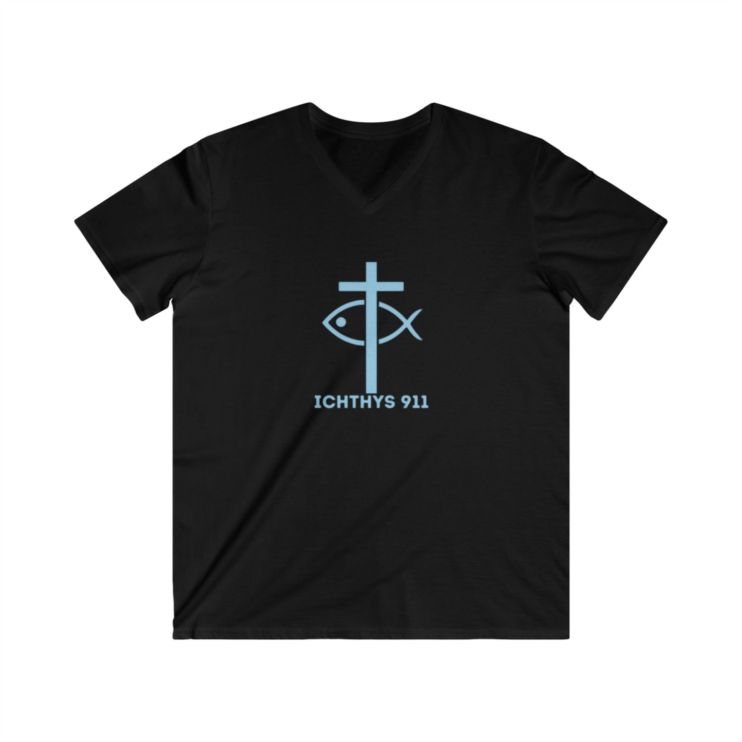 Iēsous Christos, Theou Yios, Sōtēr - Collection - Black Font - Men's Fitted V-Neck Short Sleeve T - Shirt - Faith-Inspired - Christian Faith ICHTHYS 911 Design