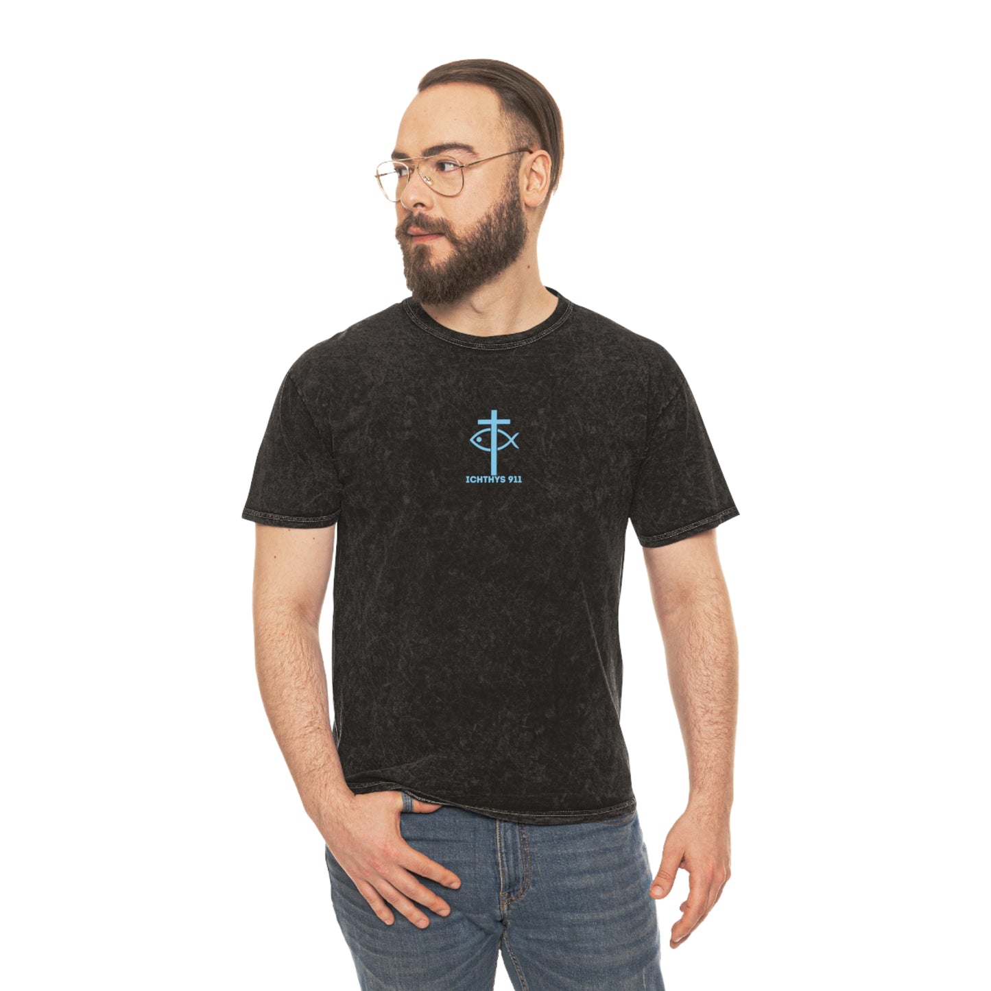 ICHTHYS 911 "Retro JC BD" Unisex Mineral Wash T-Shirt - Faith-Inspired Design with Jesus Christ Print - Wear Your Faith - Men T-Shirt - Women T-Shirt