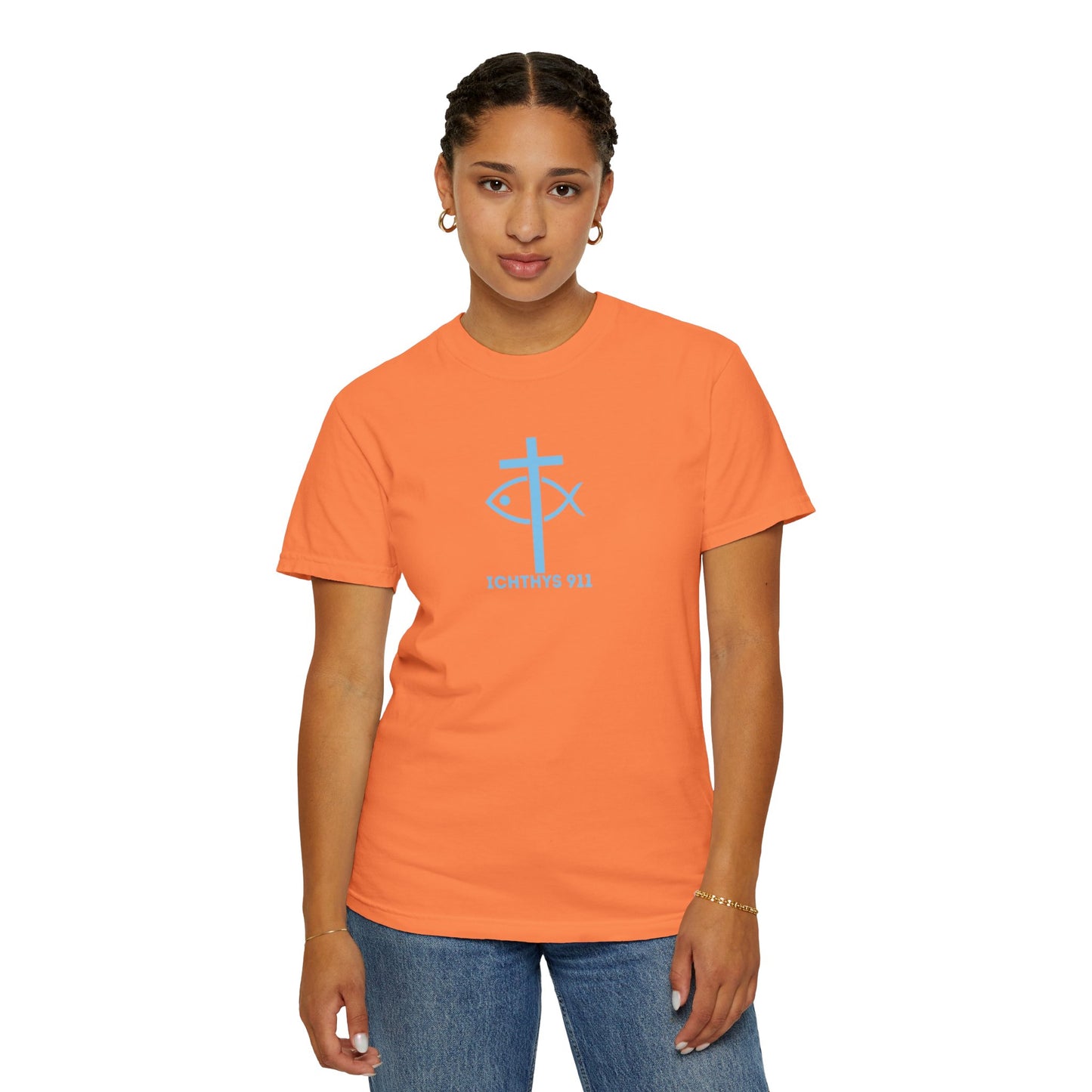 ICHTHYS 911 - Blue Font "Iēsous Christos, Theou Yios, Sōtēr" - Garment-Dyed - 100% US Cotton - Unisex T-Shirt - Men T-Shirt - Women T-Shirt - Christian Symbol - Greek - Faith Inspired -Christian Streetwear – Jesus Gym & Faith Fashion, Unisex Garment