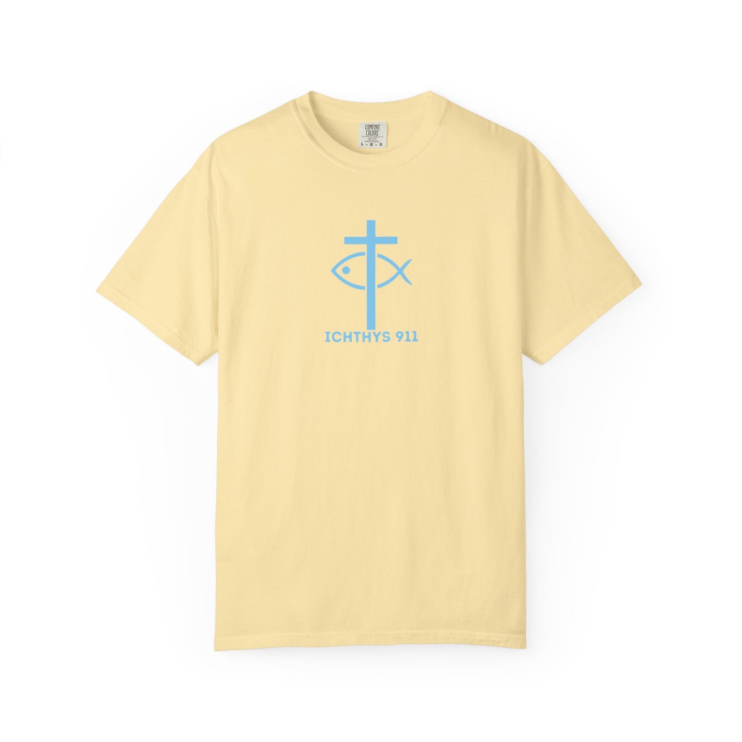 ICHTHYS 911 - Blue Font "Iēsous Christos, Theou Yios, Sōtēr" - Garment-Dyed - 100% US Cotton - Unisex T-Shirt - Men T-Shirt - Women T-Shirt - Christian Symbol - Greek - Faith Inspired -Christian Streetwear – Jesus Gym & Faith Fashion, Unisex Garment