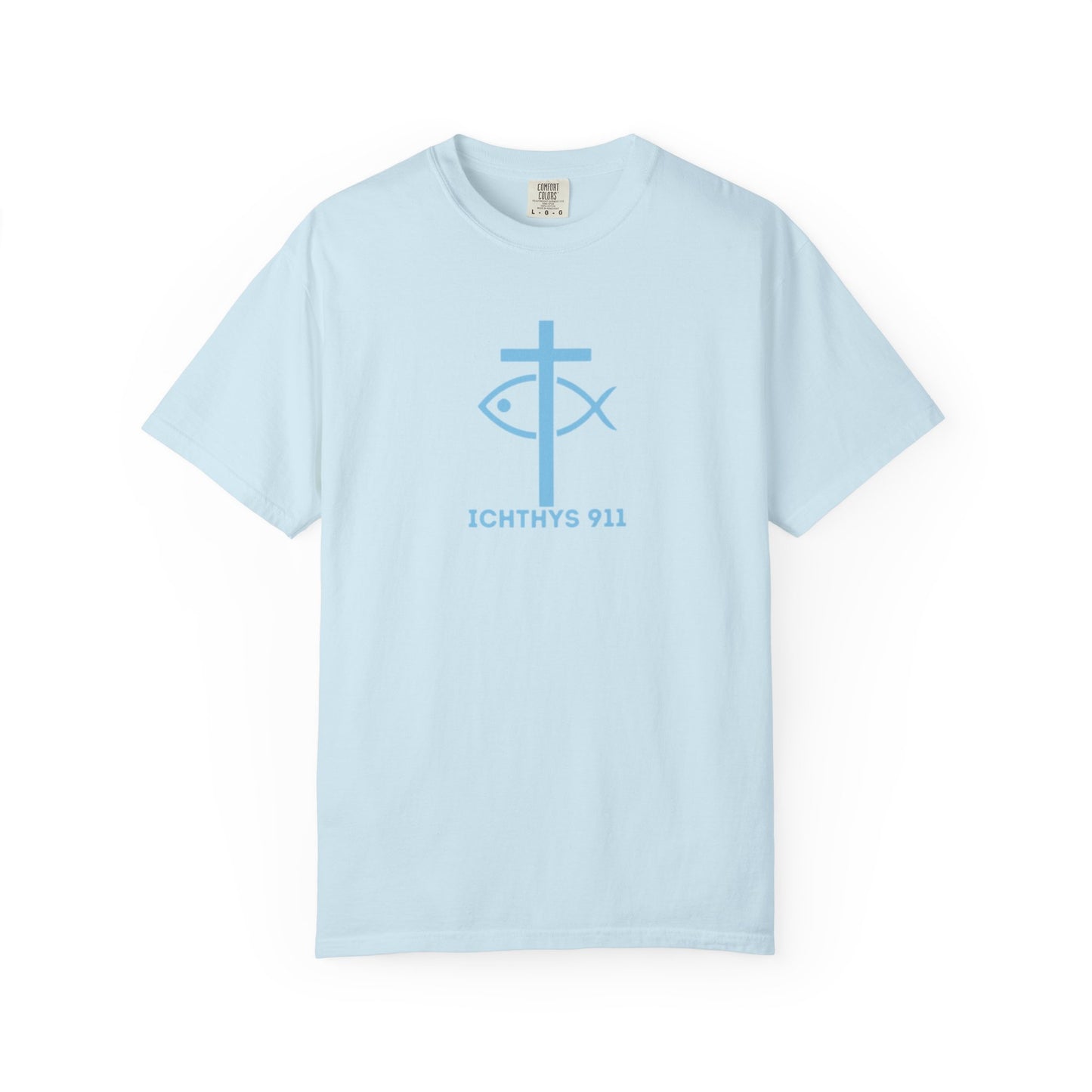 Iēsous Christos, Theou Yios, Sōtēr - Blue Font - Garment-Dyed Unisex T-Shirt - 100# US Cotton -Men T-Shirt - Women T-Shirt - Faith Inspired - Unisex Garment - ICHTHYS 911 - Blue Font - Heavy Duty Shirt
