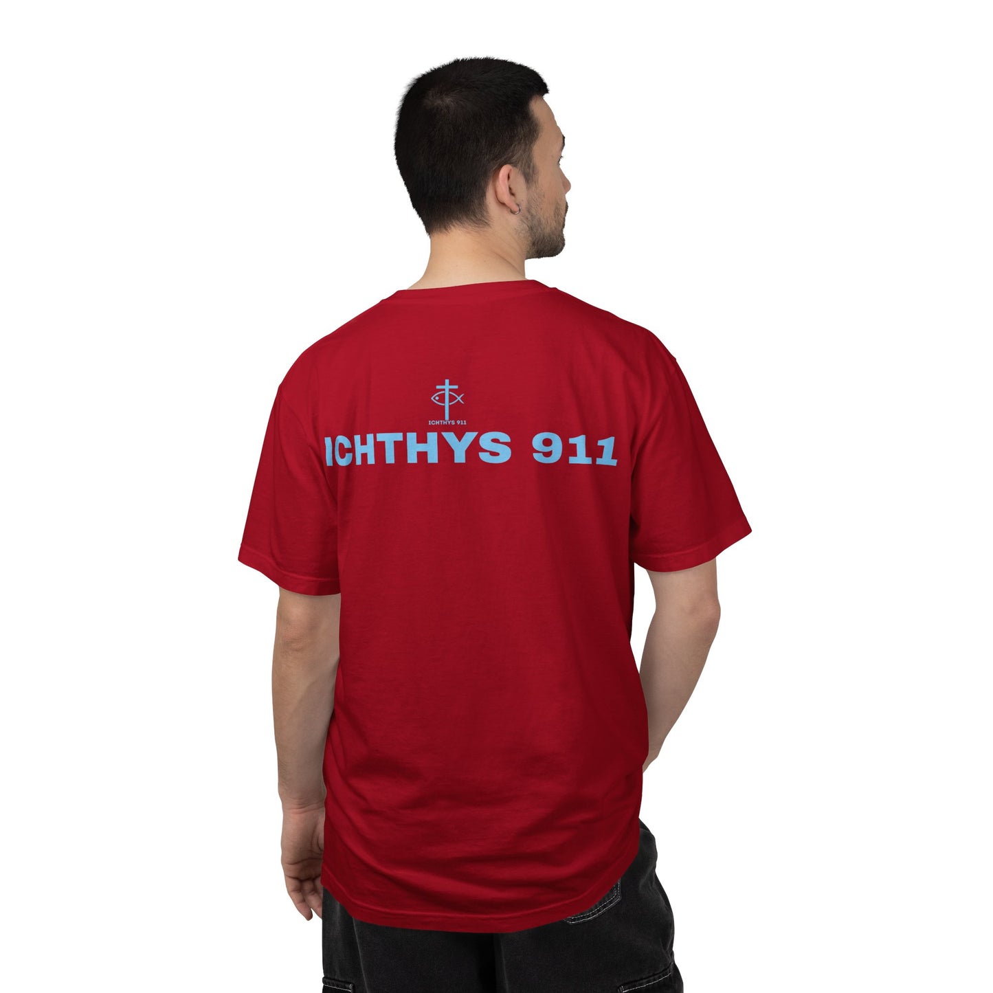 Authentic - Christian Streetwear T-Shirt – Jesus Gym & Faith Fashion, Unisex Garment-Dyed T-Shirt Blue Font - ICHTHYS 911