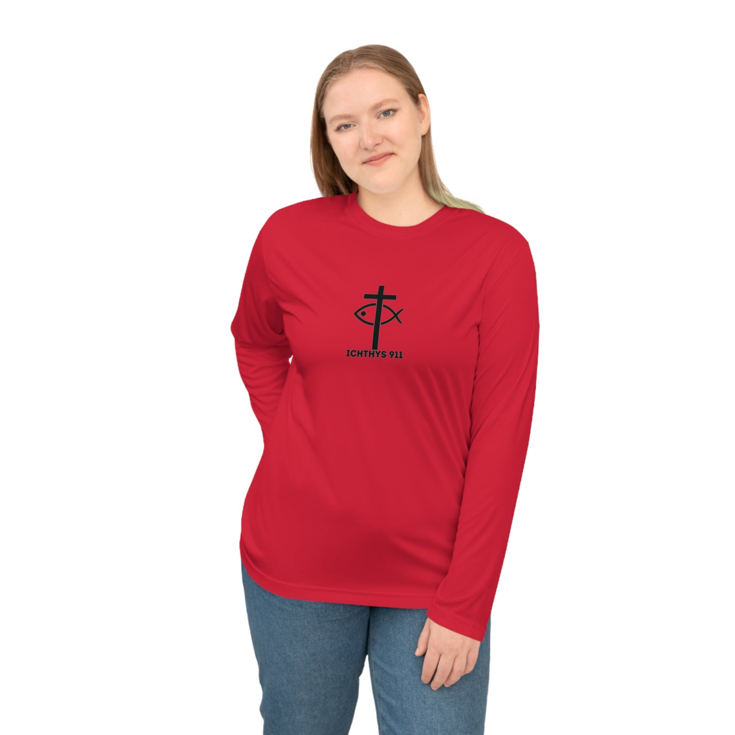 ICHTHYS 911 - "Faith Driven" Unisex - Men - Women -100% Moisture-Wicking Poly - Performance Long Sleeve Shirt - Christian Activewear UPF 30+ Sun protection