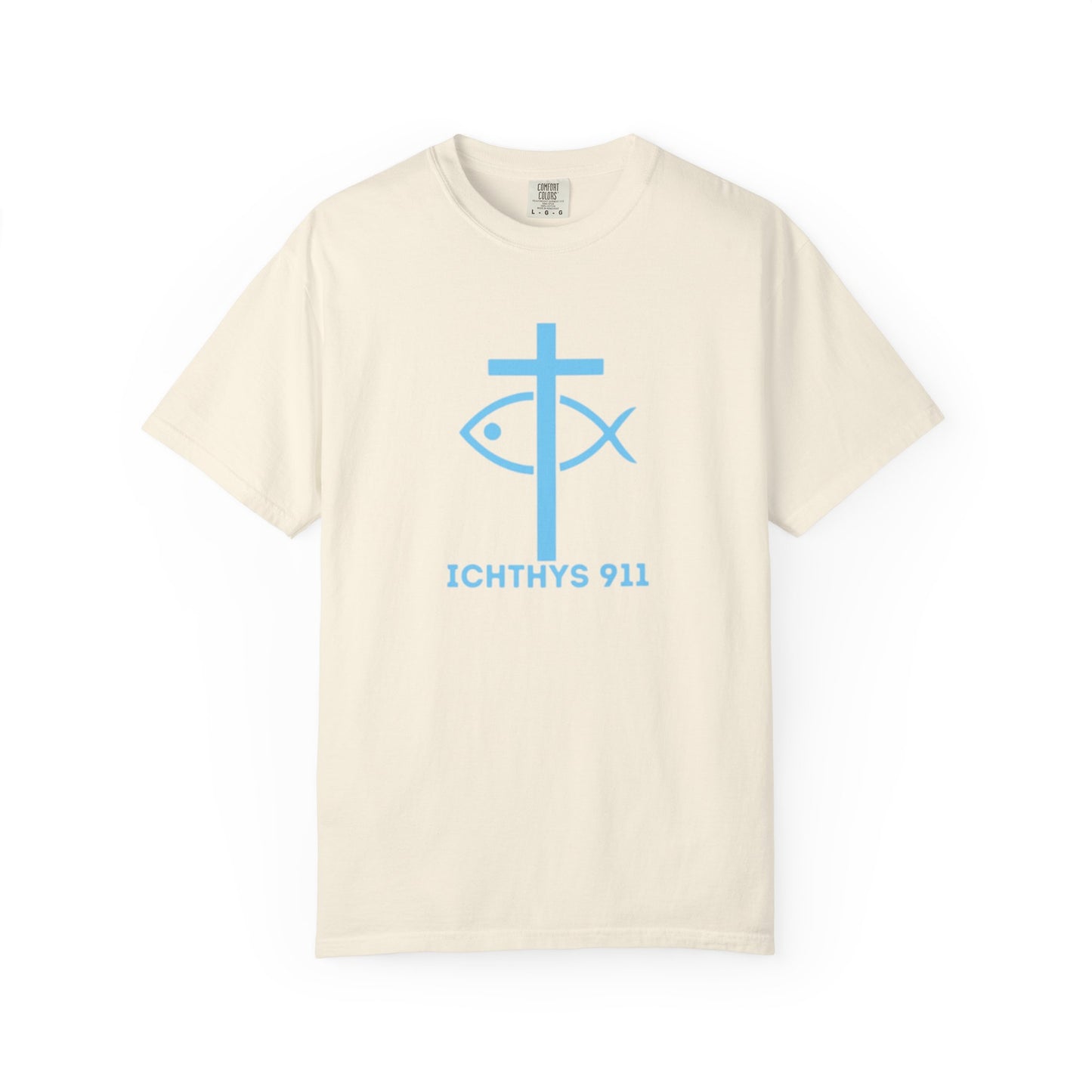 Jesus Christ Son of God Savior - Blue Font - Christian Streetwear T-Shirt – Jesus Gym & Faith Fashion, Unisex Garment-Dyed T-Shirt- ICHTHYS 911