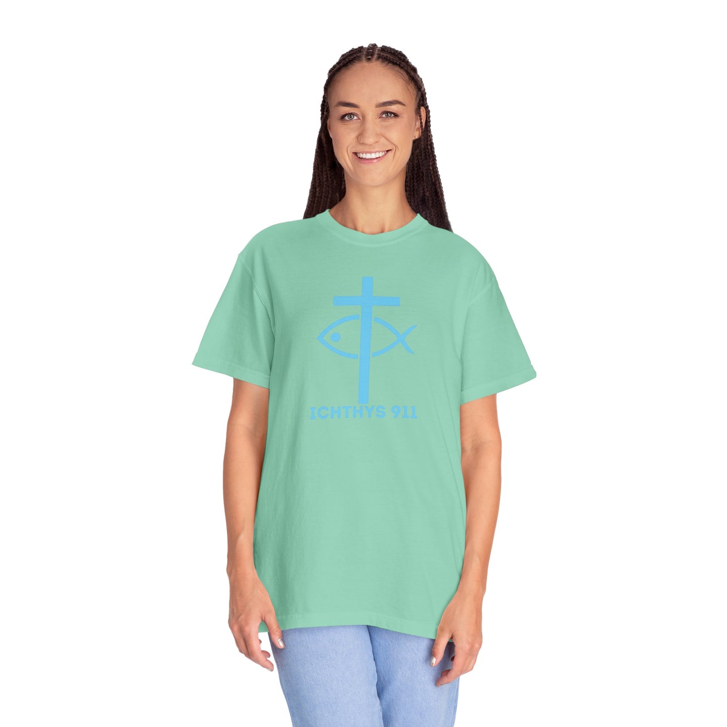 Authentic - Christian Streetwear T-Shirt – Jesus Gym & Faith Fashion, Unisex Garment-Dyed T-Shirt Blue Font - ICHTHYS 911