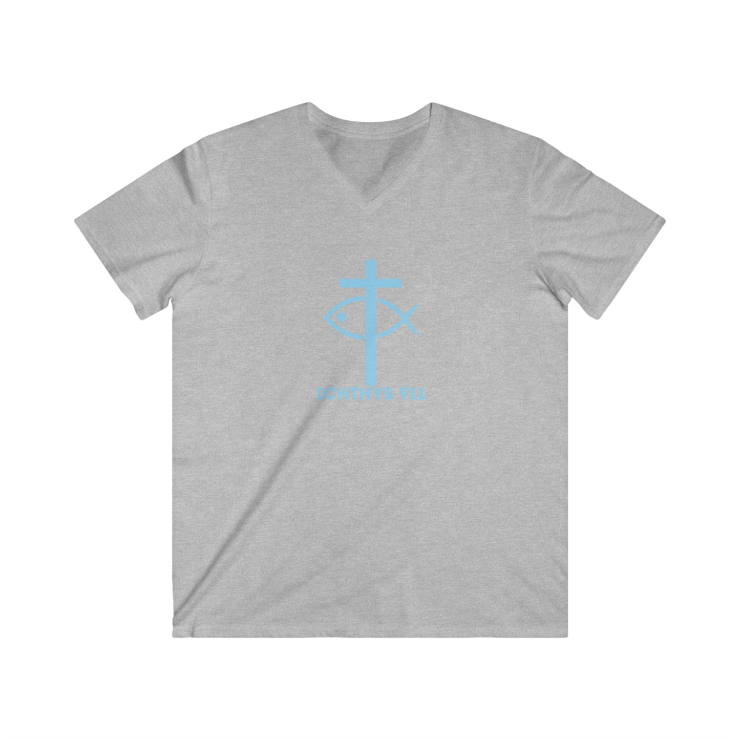 ICHTHYS 911 - Blue Font - "IC Round" - Men's Fitted V-Neck Tee - Casual Comfort for Everyday Wear - Casual T-Shirt - Soft Shirt - Faith Wear