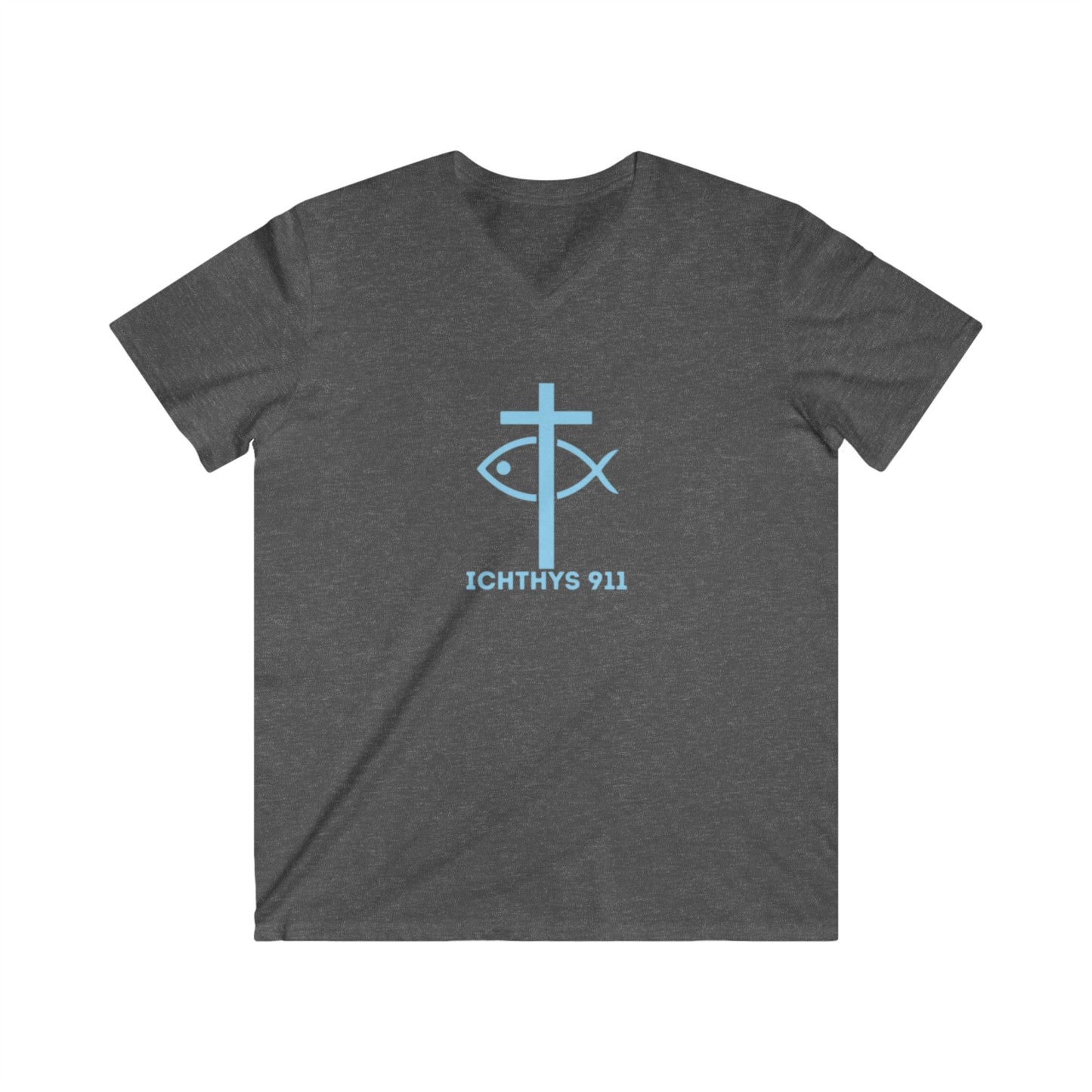 ICHTHYS 911 - Blue Font - "IC Round" - Men's Fitted V-Neck Tee - Casual Comfort for Everyday Wear - Casual T-Shirt - Soft Shirt - Faith Wear