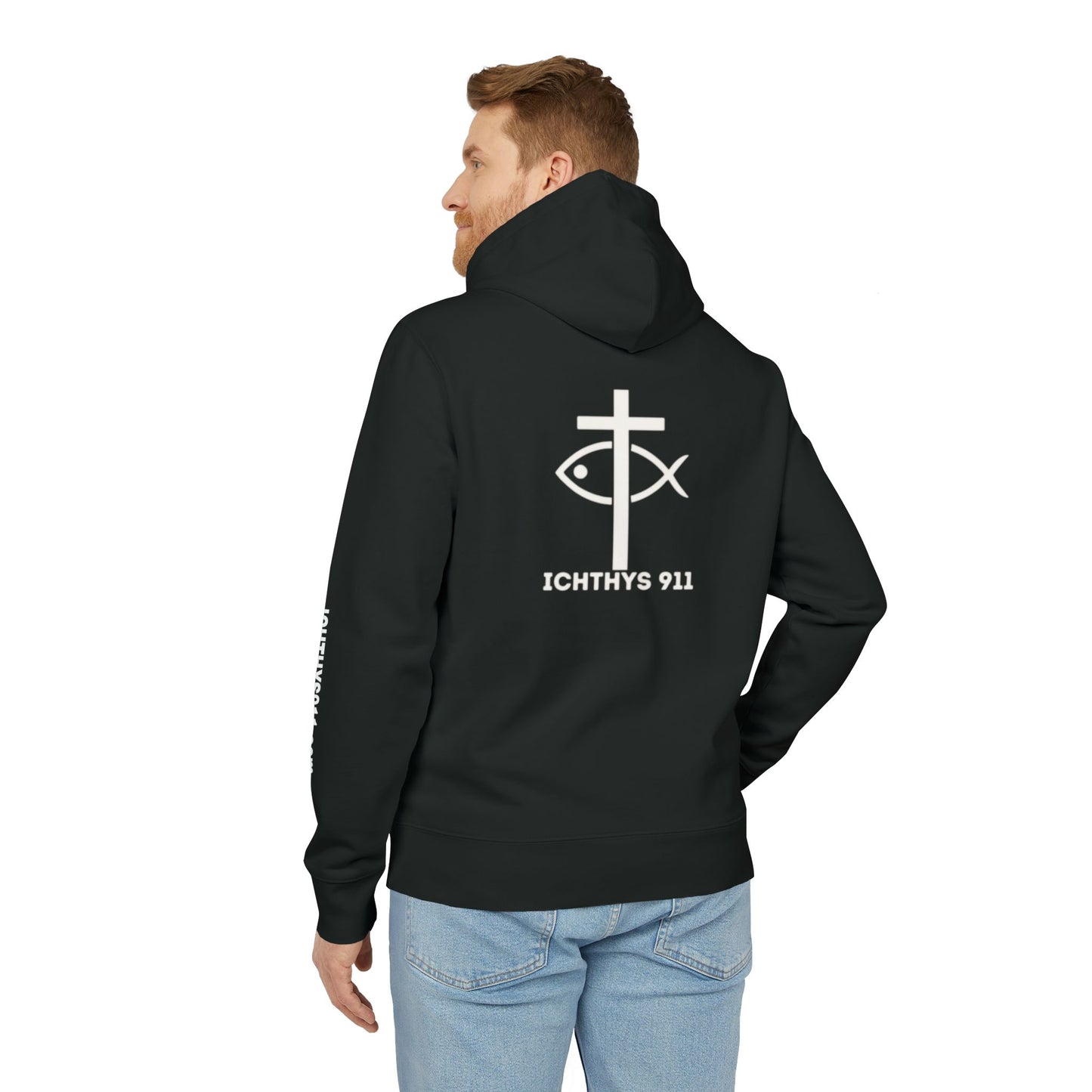 ICHTHYS 911 Hoodie – Unisex Pullover -White Font - Black Font on White - Heavy Fabric - ICHTHYS 911 Logo on Front & Back - 100% Organic