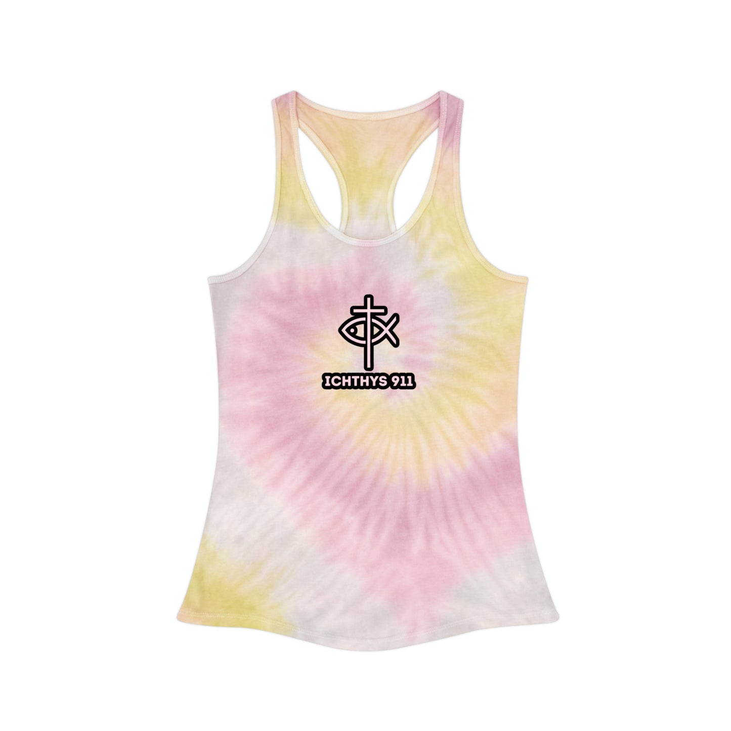 Women Tie Dye Tank Top - ICHTHYS 911 Summer Vibes Racerback Shirt. Be bold in your walk. Be known by your faith. Represent the movement.