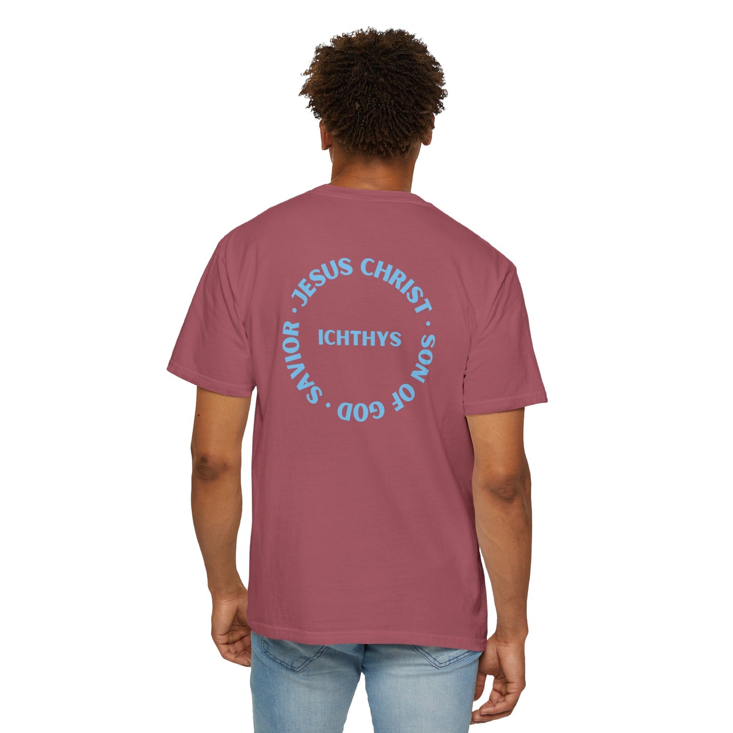 Jesus Christ Son of God Savior - Blue Font - Christian Streetwear T-Shirt – Jesus Gym & Faith Fashion, Unisex Garment-Dyed T-Shirt, ICHTHYS911, Men T-Shirt, Women T-Shirt