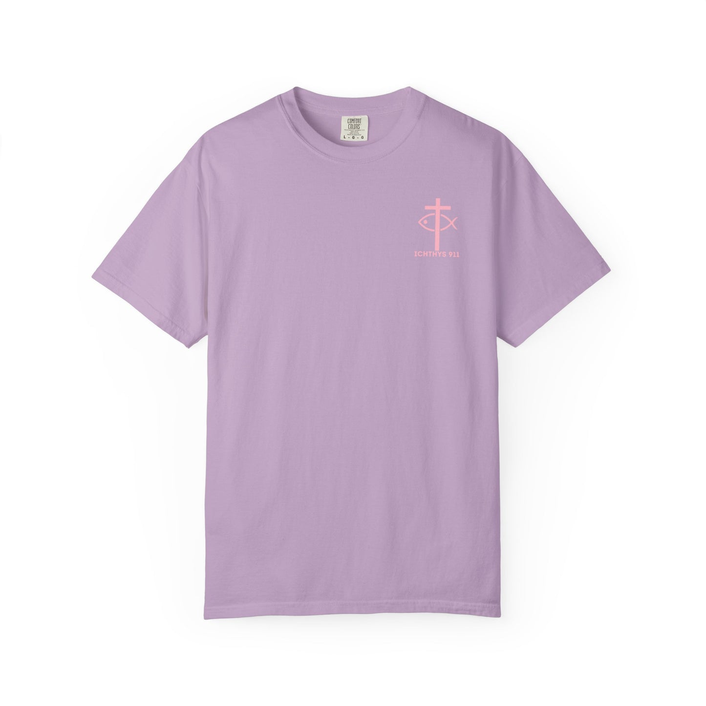 ICHTHYS 911 Pink Font "Badge Collection" - Unisex Garment Dyed T-Shirt 100% US Cotton - Christian Graphic Tee - Gym - T - Christian Faith - Jesus Wear - Women T-Shirt - Men T-Shirt - Garment Dyed