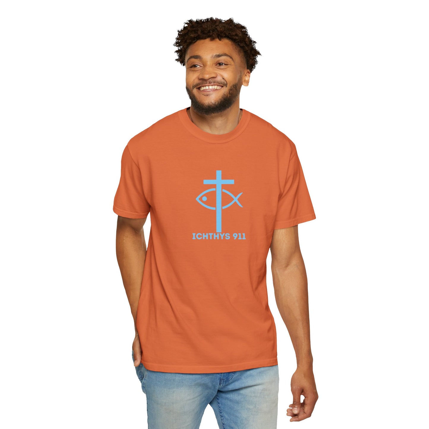 Jesus Christ Son of God Savior - Blue Font - Unisex Garment Dyed T- Shirt - Men T-Shirt - Women T-Shirt - Christian Streetwear T-Shirt – Jesus Gym & Faith Fashion - ICHTHYS 911