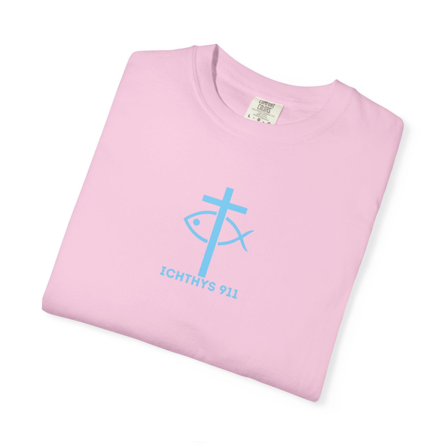 ICHTHYS 911 - "Jesus Christ Son of God Savior" Blue Font - Additional Colors - Christian Streetwear T-Shirt – Jesus Gym & Faith Fashion, Unisex Garment-Dyed T-Shirt Blue Font