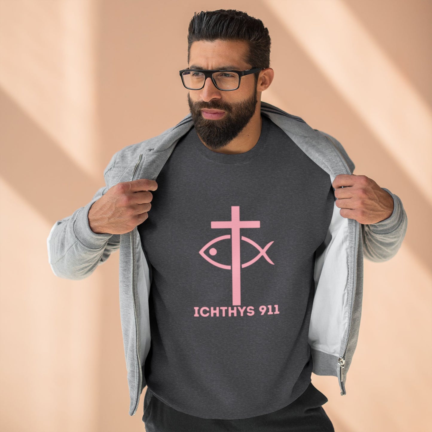 ICHTHYS 911 Minimal Pink Cross Crewneck Sweatshirt — Unisex -