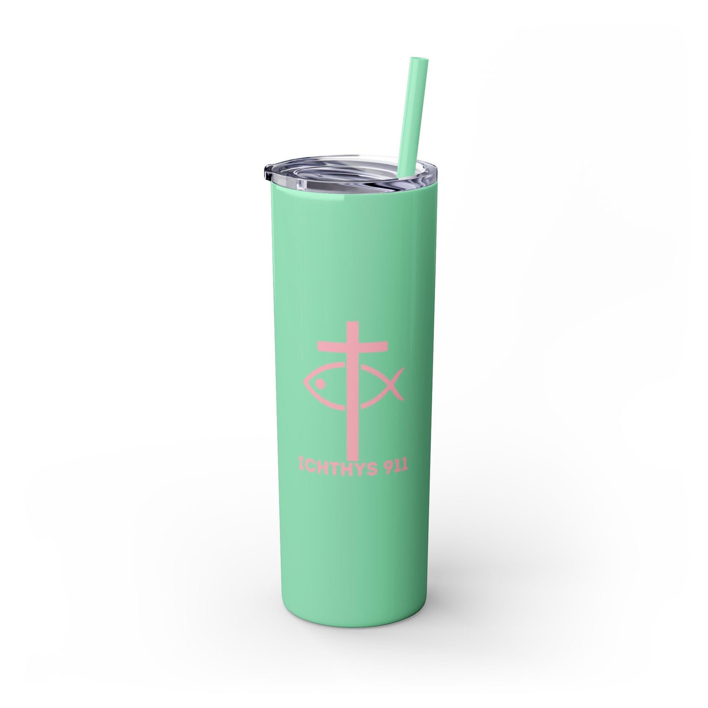ICHTHYS 911 Pink Font Faith-Inspired Skinny Tumbler with Straw - 20oz