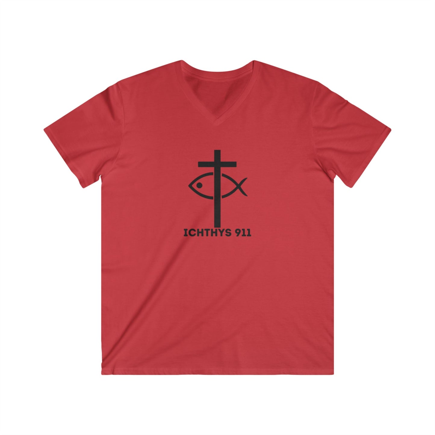 Iēsous Christos, Theou Yios, Sōtēr - Collection - Black Font - Men's Fitted V-Neck Short Sleeve T - Shirt - Faith-Inspired - Christian Faith ICHTHYS 911 Design