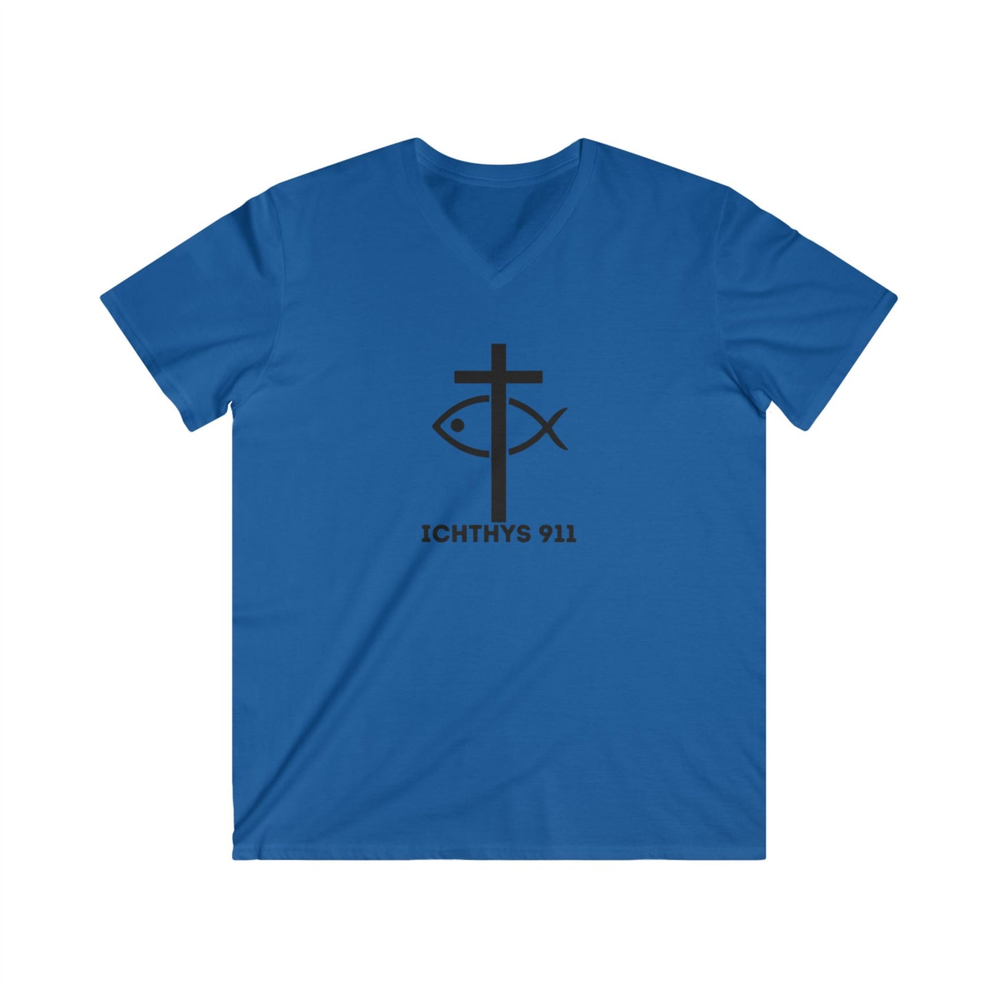 Iēsous Christos, Theou Yios, Sōtēr - Collection - Black Font - Men's Fitted V-Neck Short Sleeve T - Shirt - Faith-Inspired - Christian Faith ICHTHYS 911 Design