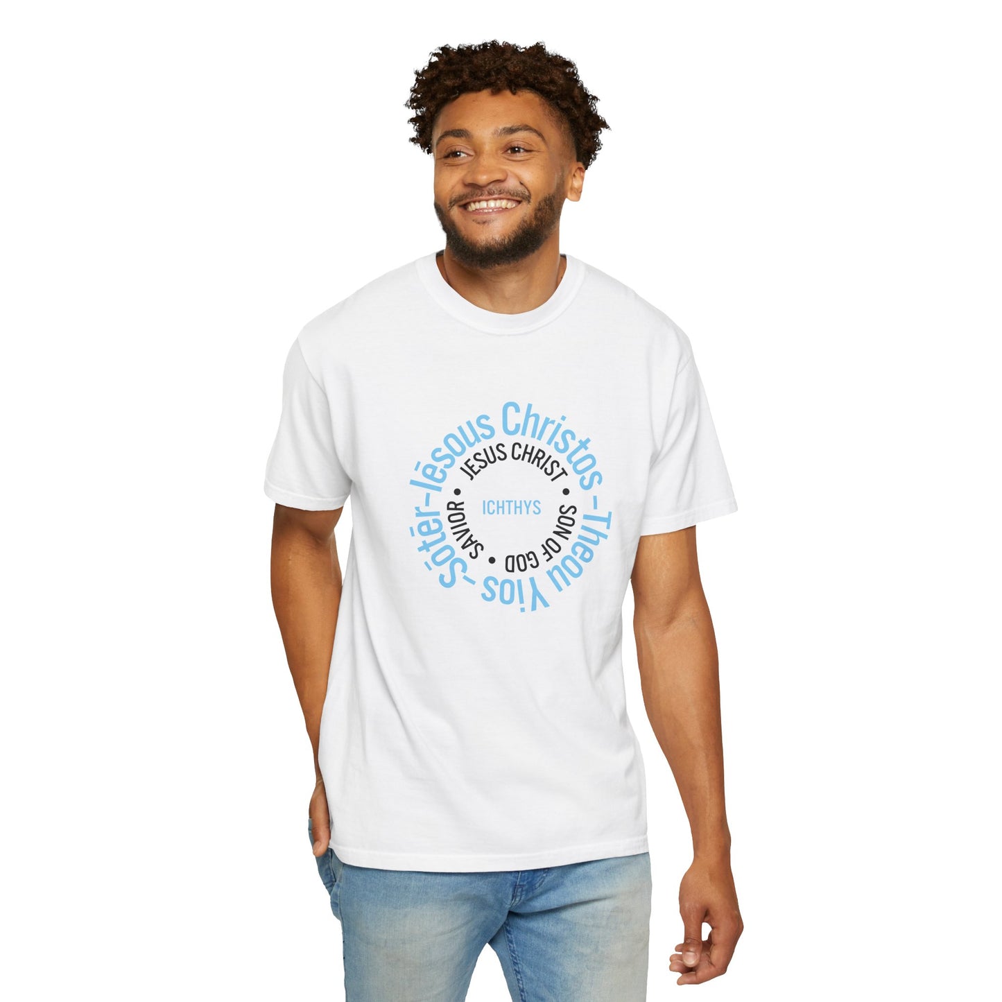 ICHTHYS 911 Blue Font "Iēsous Christos, Theou Yios, Sōtēr" - Reverse - Collection - Unisex - Christian Graphic Tee - Gym - T - Christian Faith - Jesus Wear - Women T-Shirt - Men T-Shirt