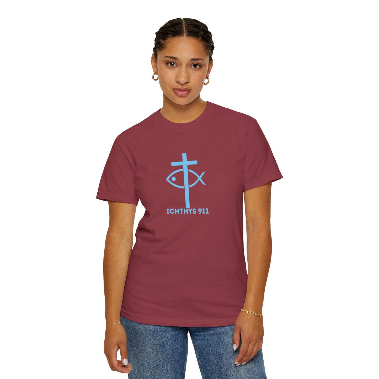 Jesus Christ Son of God Savior - Blue Font - Unisex Garment Dyed T- Shirt - Men T-Shirt - Women T-Shirt - Christian Streetwear T-Shirt – Jesus Gym & Faith Fashion - ICHTHYS 911