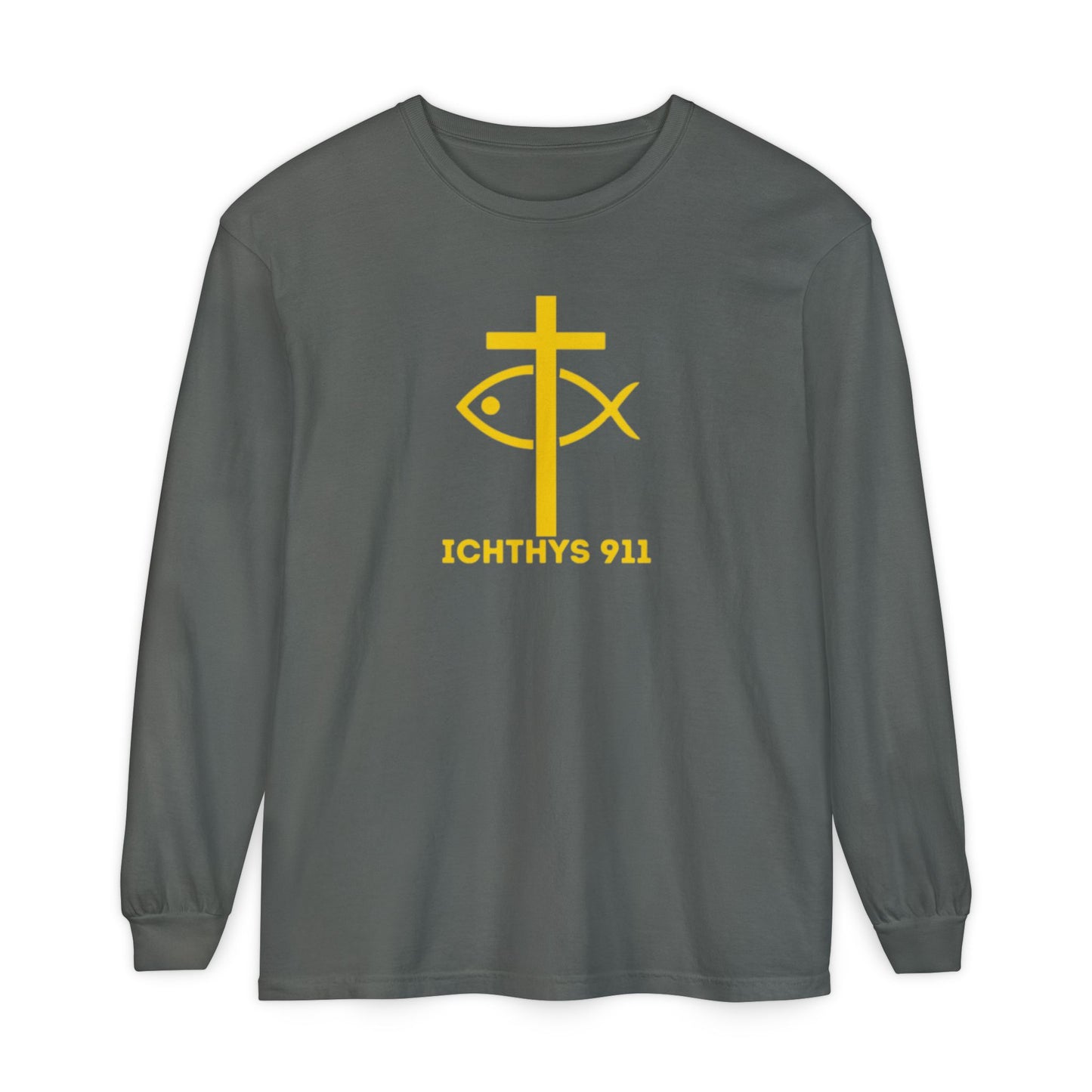 Authentic ICHTHYS 911 Collection -  Gold Font - Unisex Garment Dyed Long Sleeve T-Shirt - Men Long Sleeve - Women Long Sleeve - Christian Faith Symbol Tee - Faith Inspired