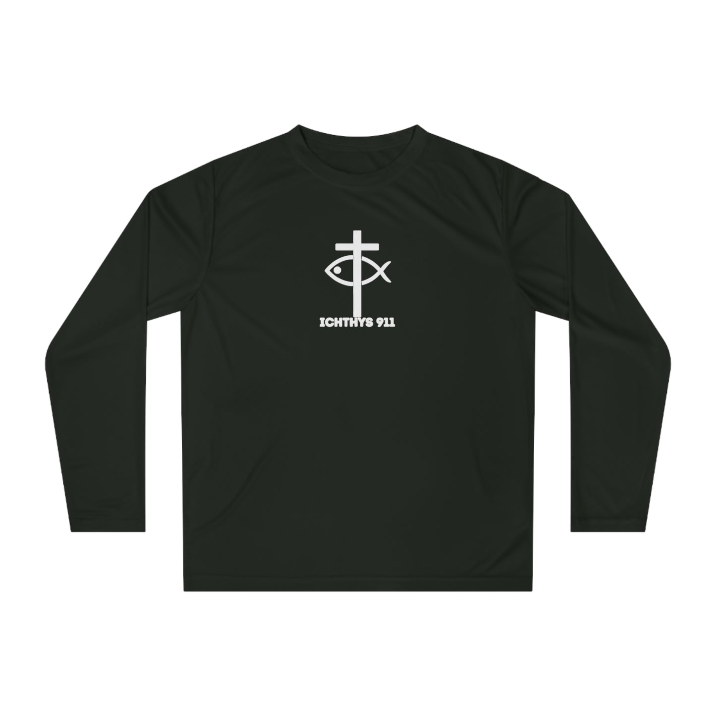 ICHTHYS 911 "Rise & Conquer Romans 8:38"  White Font - Unisex Performance Long Sleeve Shirt - Men - Women - 100% Moisture-Wicking Poly - Christian Activewear