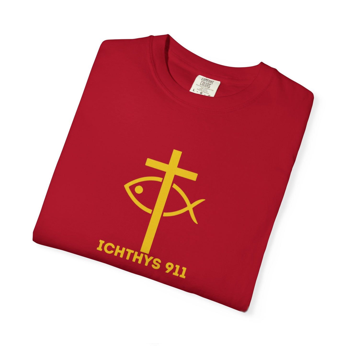 ICHTHYS 911 - "Jesus Christ Son of God Savior" - Gold Font - Unisex Garment Dyed T- Shirt - Men T-Shirt - Women T-Shirt - Christian Streetwear T-Shirt – Jesus Gym & Faith Fashion