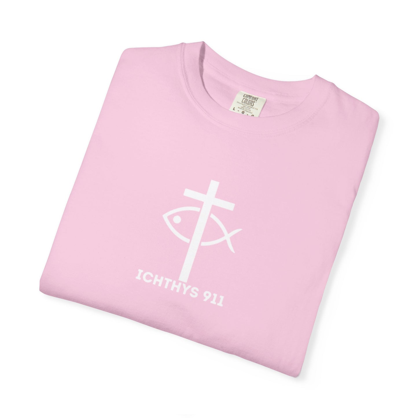 ICHTHYS 911 -  "God Sees the Heart" - White Font - Unisex Garment - Dyed T-Shirt - Inspirational Graphic T-Shirt for Everyday Motivation - 100% US cotton