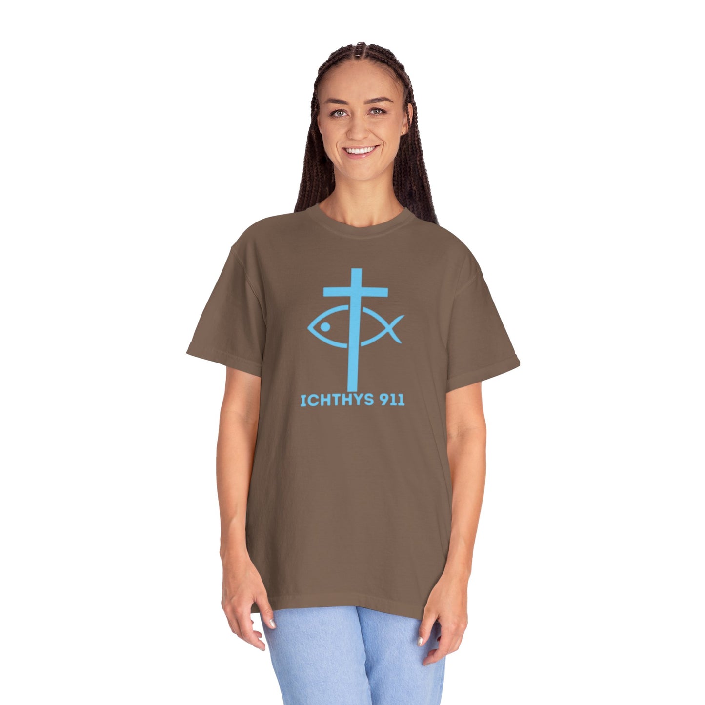 Authentic - Christian Streetwear T-Shirt – Jesus Gym & Faith Fashion, Unisex Garment-Dyed T-Shirt Blue Font - ICHTHYS 911