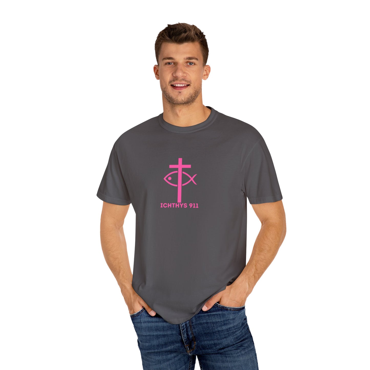 ICHTHYS 911 - "Authentic Design" - Pink Font - Unisex - Men T-Shirt - Women T-Shirt - Christian Streetwear T-Shirt – Jesus Gym & Faith Fashion, Unisex Garment-Dyed T-Shirt