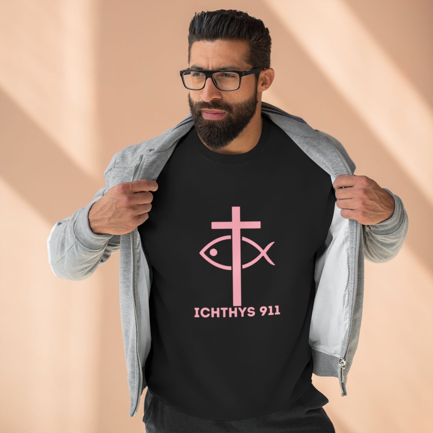 ICHTHYS 911 Minimal Pink Cross Crewneck Sweatshirt — Unisex -