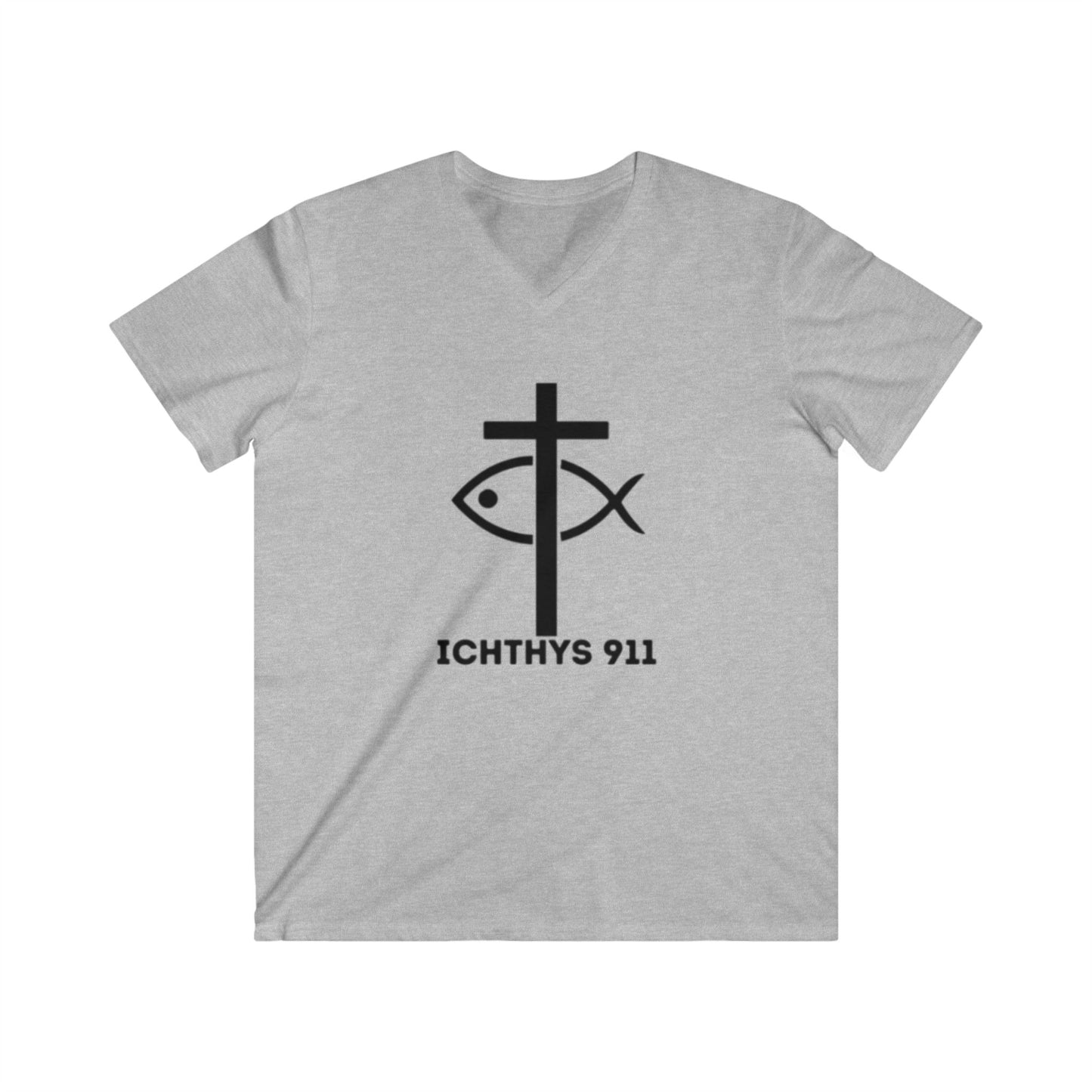 ICHTHYS 911 - Authentic Round Collection - Men's Fitted V-Neck Short Sleeve T - Shirt - Faith-Inspired - Christian Faith - Black Font