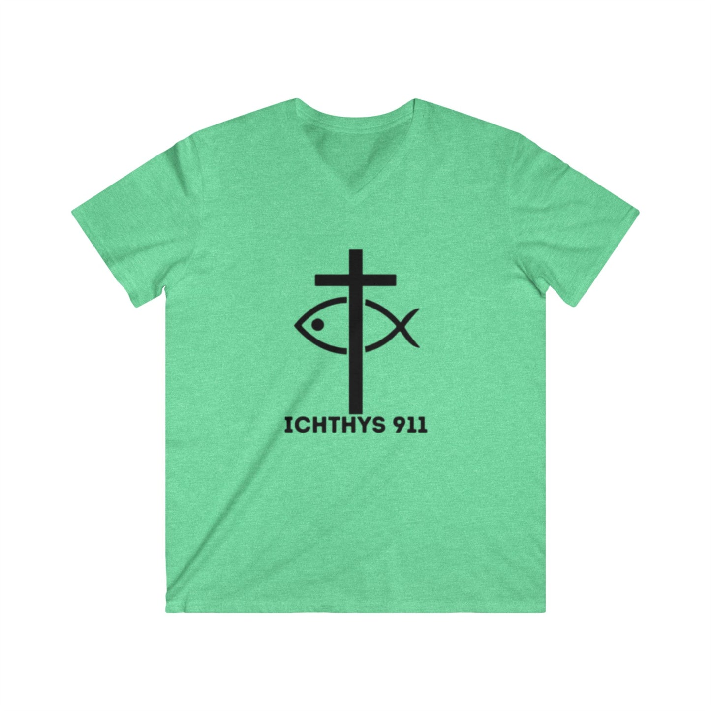 ICHTHYS 911 - Authentic Round Collection - Men's Fitted V-Neck Short Sleeve T - Shirt - Faith-Inspired - Christian Faith - Black Font