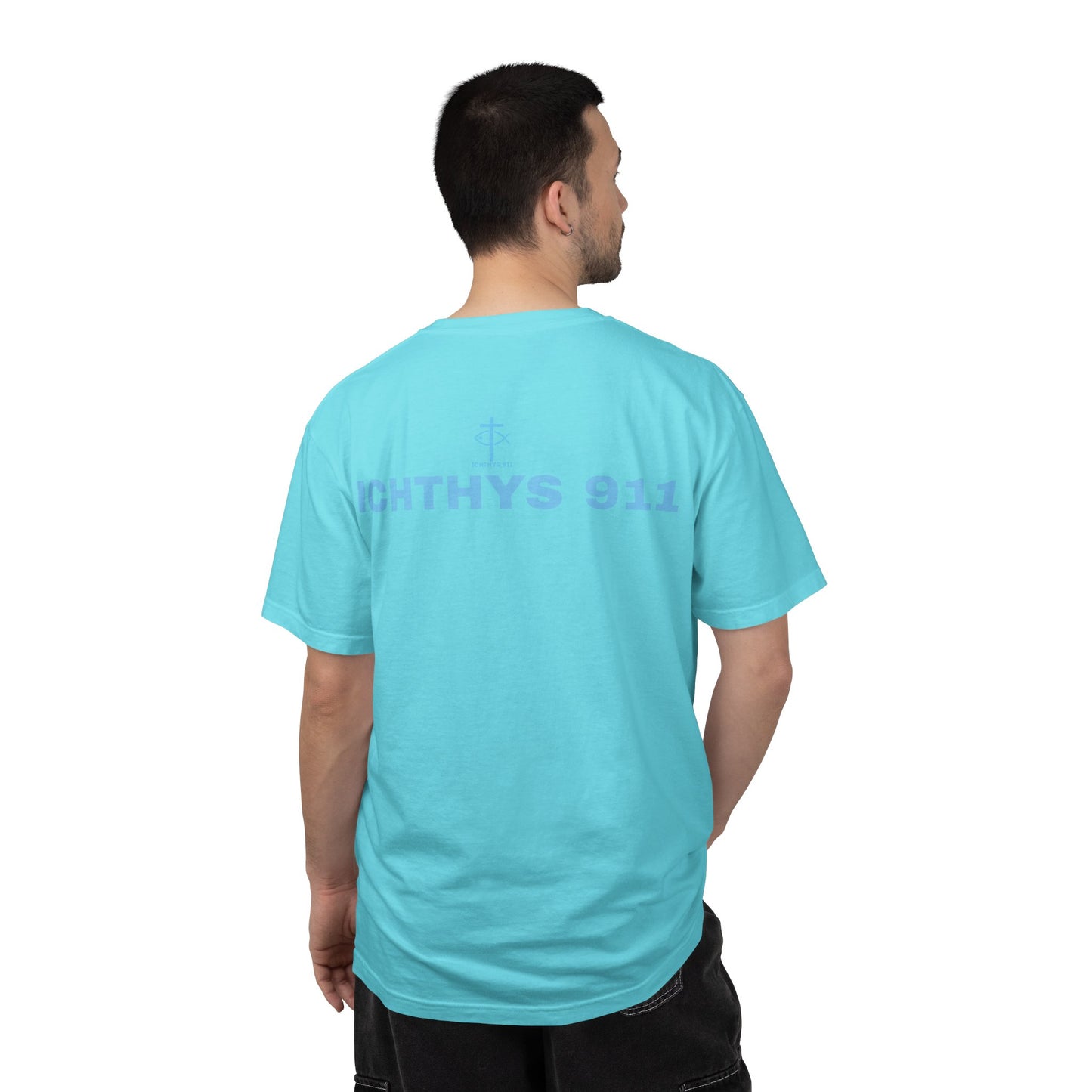 Authentic - Christian Streetwear T-Shirt – Jesus Gym & Faith Fashion, Unisex Garment-Dyed T-Shirt Blue Font - ICHTHYS 911