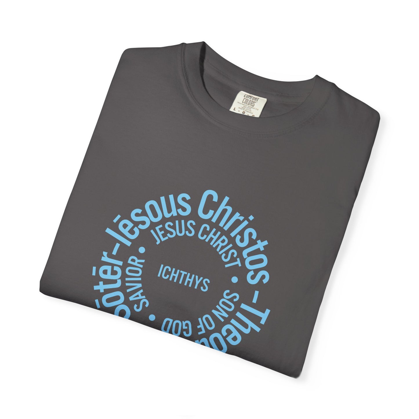 ICHTHYS 911 Blue Font "Iēsous Christos, Theou Yios, Sōtēr" - Reverse - Collection - Unisex - Christian Graphic Tee - Gym - T - Christian Faith - Jesus Wear - Women T-Shirt - Men T-Shirt