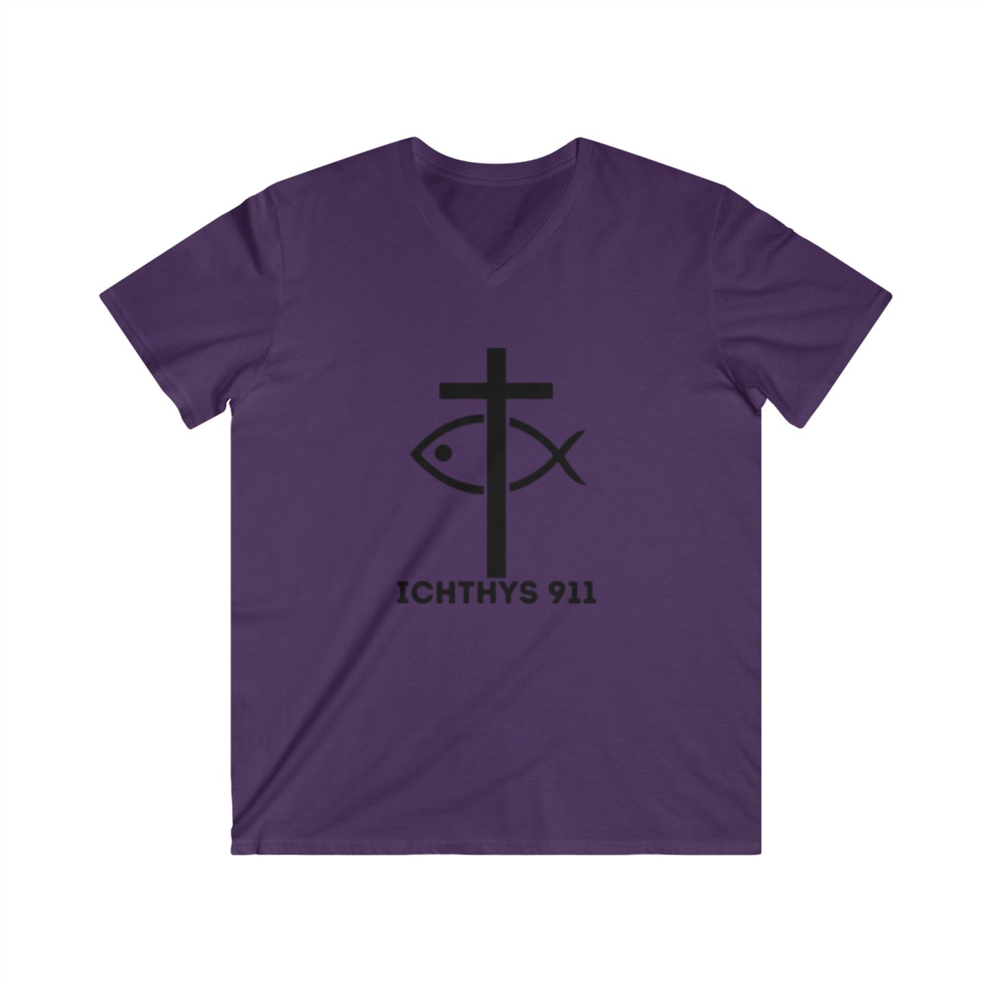 ICHTHYS 911 - Authentic Round Collection - Men's Fitted V-Neck Short Sleeve T - Shirt - Faith-Inspired - Christian Faith - Black Font