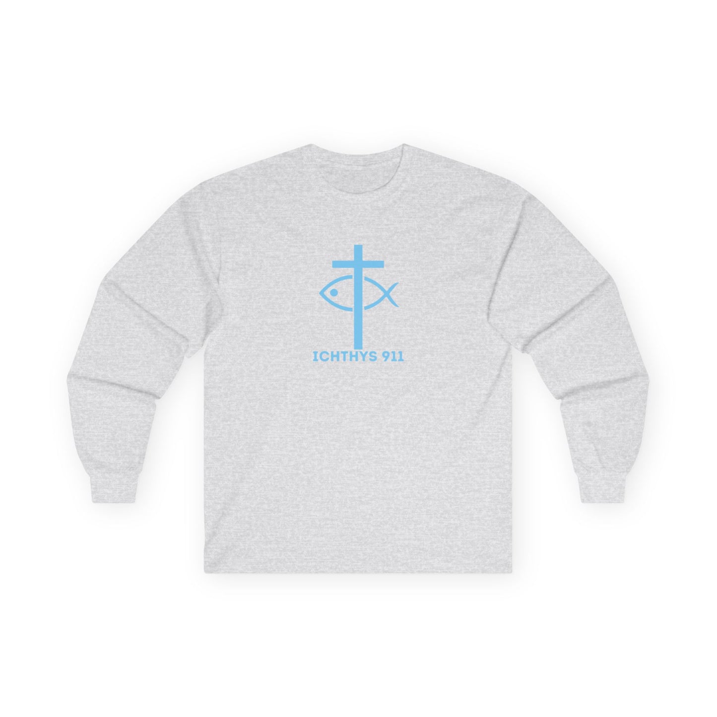 ICHTHYS 911 "Strength Through Christ Philippians 4:13" - Blue Font - Unisex Shirt - Men - Women - Christian Activewear - Wear Your Faith Long Sleeve Tee - Ichthys 911 & Strength Through Christ Philippians 4:13 Design