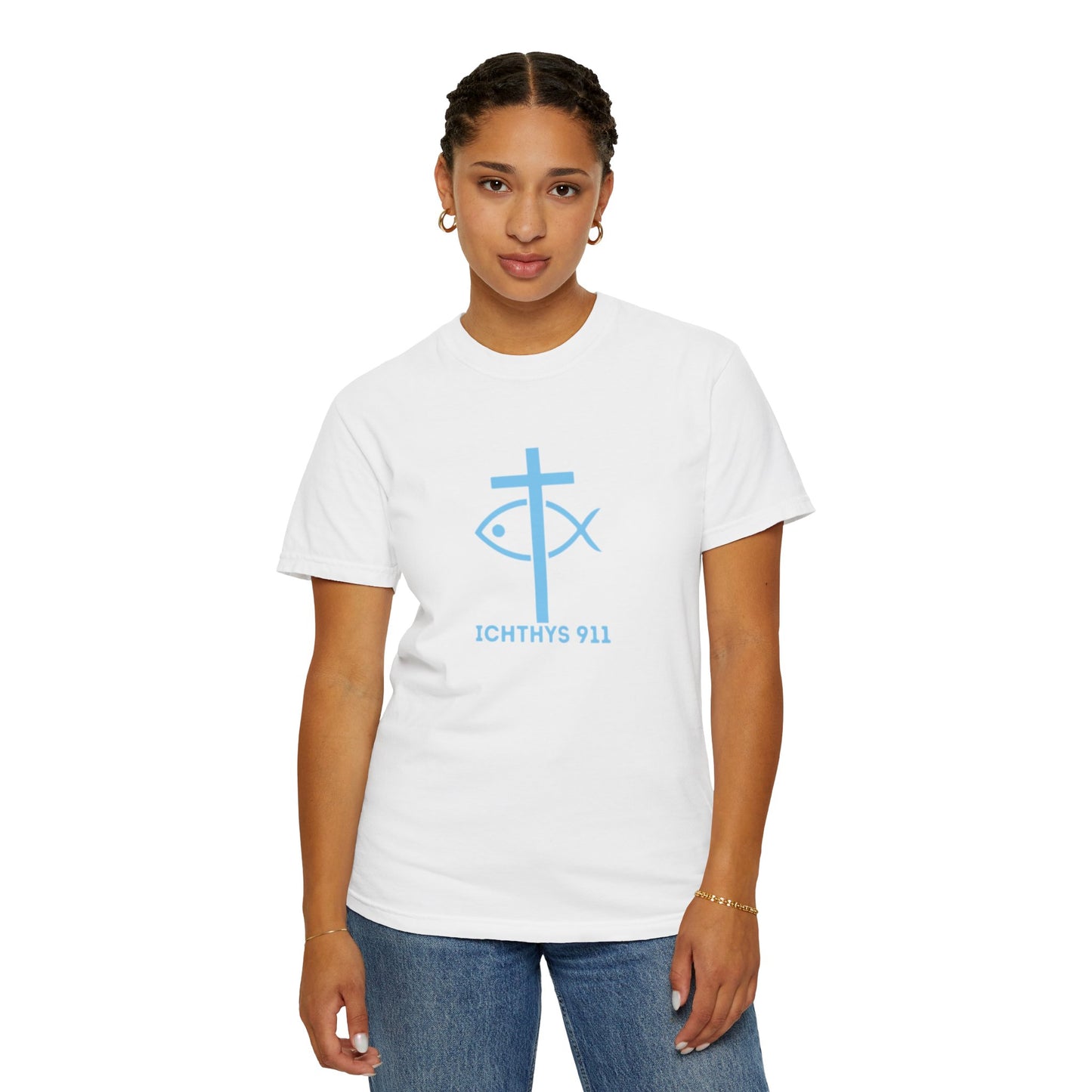 ICHTHYS 911 "Strength Through Christ Philippians 4:13" - Blue Font - Unisex Garment Dyed T- Shirt - 100% US Cotton -Men T-Shirt - Women T-Shirt- Christian Activewear - Wear Your Faith