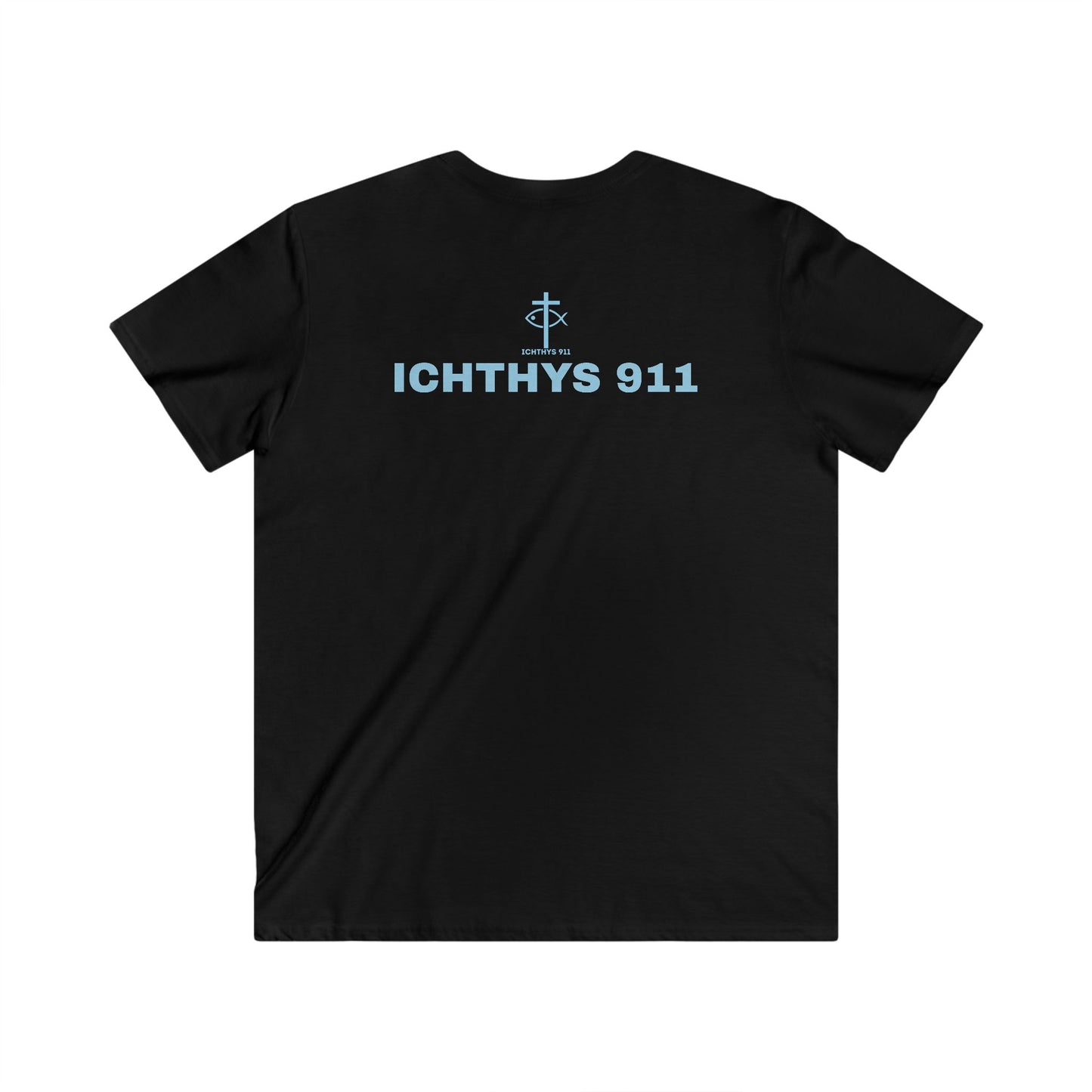 ICHTHYS 911 - "Authentic Collection" - Blue Font - Men's Fitted V-Neck Tee - Casual Comfort for Everyday Wear