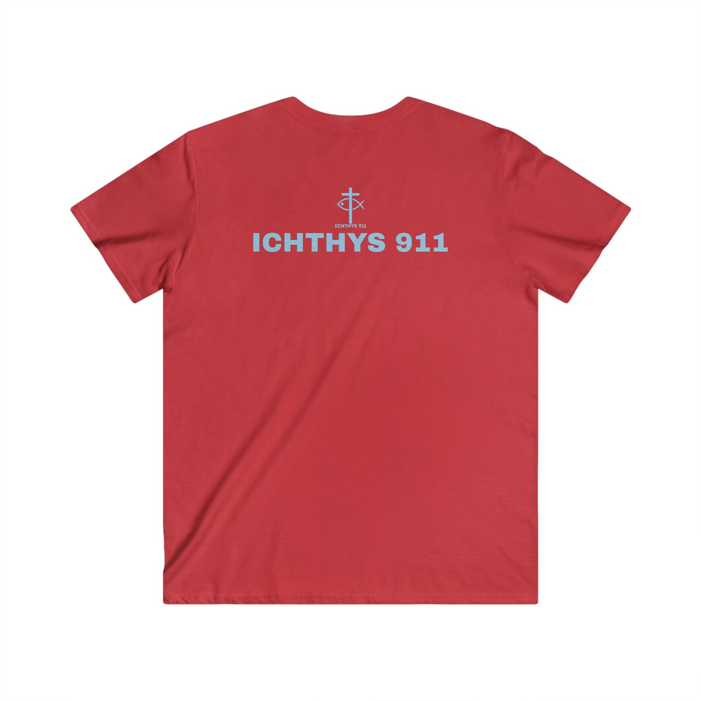 ICHTHYS 911 - "Authentic Collection" - Blue Font - Men's Fitted V-Neck Tee - Casual Comfort for Everyday Wear