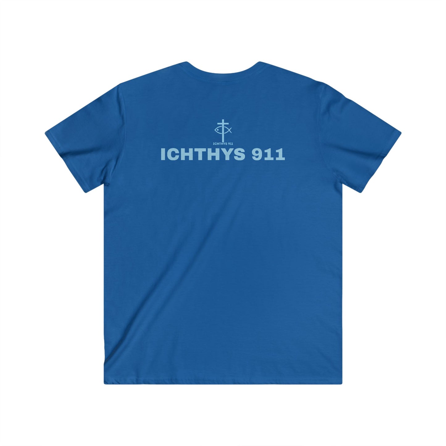 ICHTHYS 911 - "Authentic Collection" - Blue Font - Men's Fitted V-Neck Tee - Casual Comfort for Everyday Wear