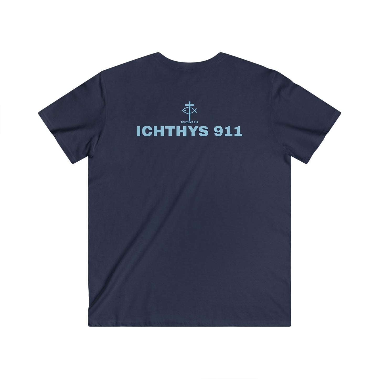 ICHTHYS 911 - "Authentic Collection" - Blue Font - Men's Fitted V-Neck Tee - Casual Comfort for Everyday Wear