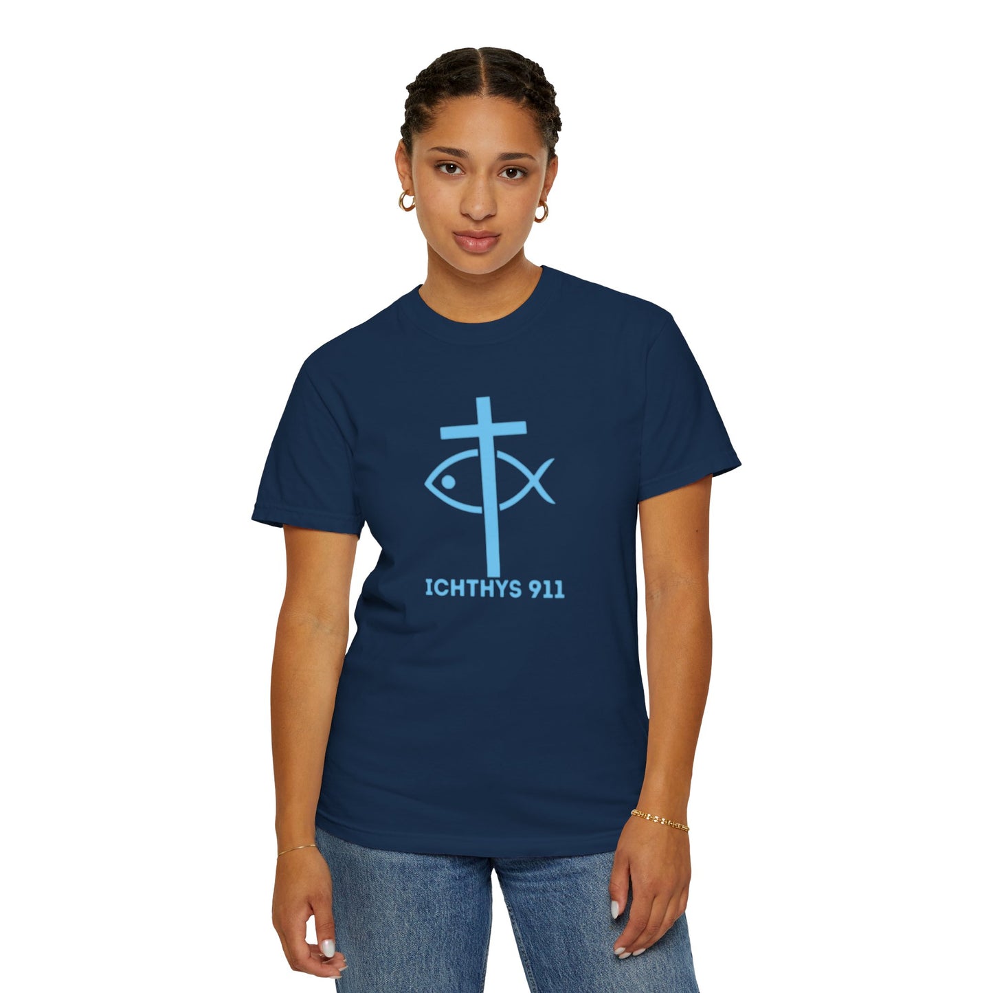 Jesus Christ Son of God Savior - Blue Font - Christian Streetwear T-Shirt – Jesus Gym & Faith Fashion, Unisex Garment-Dyed T-Shirt- ICHTHYS 911