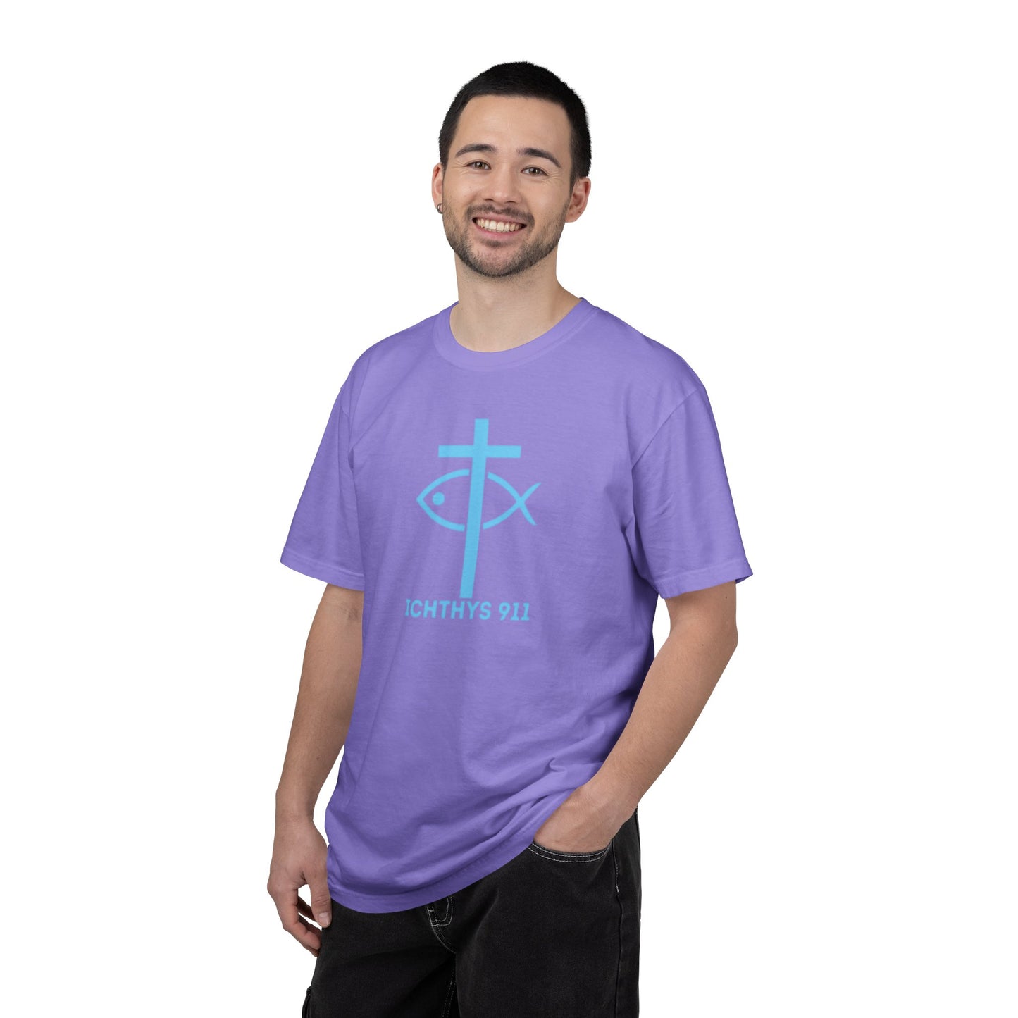Authentic - Christian Streetwear T-Shirt – Jesus Gym & Faith Fashion, Unisex Garment-Dyed T-Shirt Blue Font - ICHTHYS 911