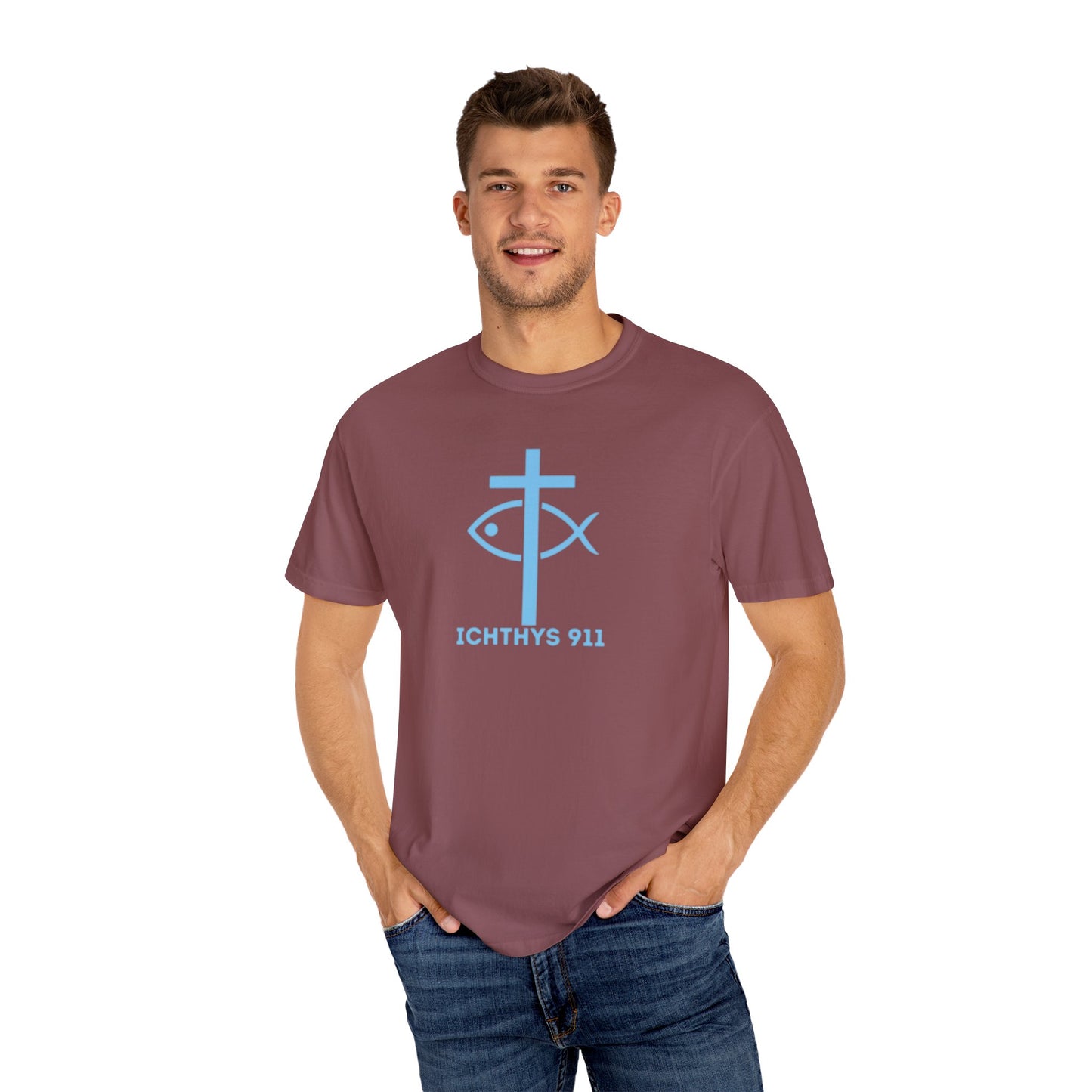 Iēsous Christos, Theou Yios, Sōtēr - Blue Font - Garment-Dyed Unisex T-Shirt - Men T-Shirt - Women T-Shirt - Christian Symbol - Greek - Faith Inspired -Christian Streetwear – Jesus Gym & Faith Fashion, Unisex Garment -ICHTHYS 911 - Additional Colors