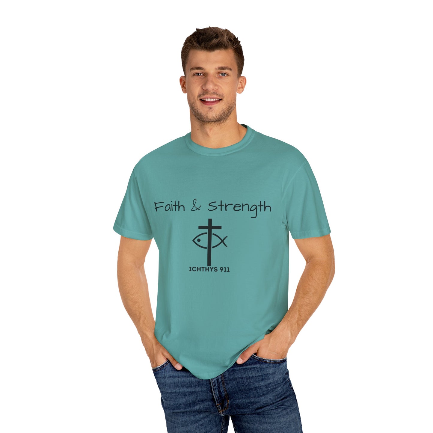 ICHTHYS 911 "Faith & Strength" Reverse - Black Font - Unisex Garment -Dyed Tee - 100% US Cotton - Men T-Shirt - Women T-Shirt - Inspirational Christian Shirt - Very Good Quality and Feel