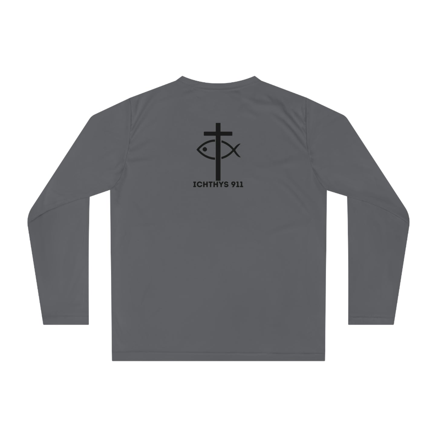 ICHTHYS 911 "Faith & Strength" Black Font Reverse Design - Unisex Performance Long Sleeve Shirt - Christian Activewear - Men - Women -100% Moisture-Wicking Poly